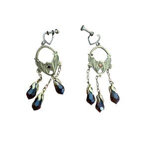 Vintage Earrings Screw Back Gold with Amber Stone Dangle